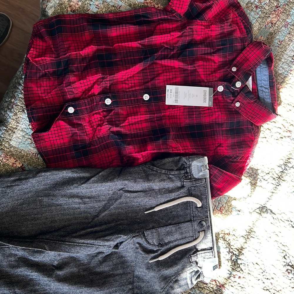 5T outfit.  Top is Gymboree. Bottoms are old navy. Plaid shirt w/twill bottoms‎